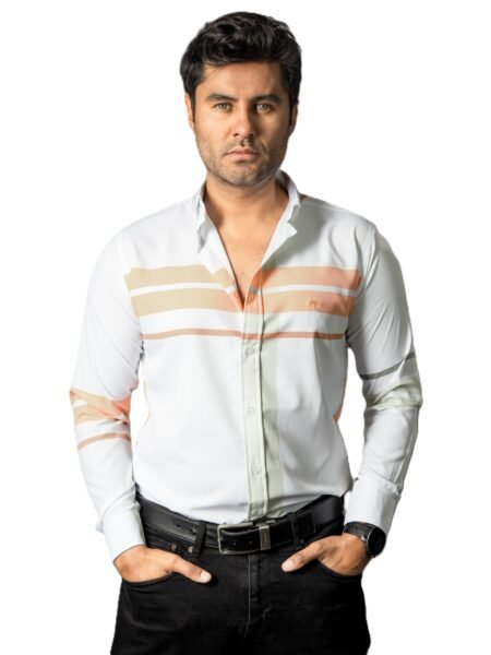 Camisa Hombre Casual Blanca Franjas Naranjas, Verdes