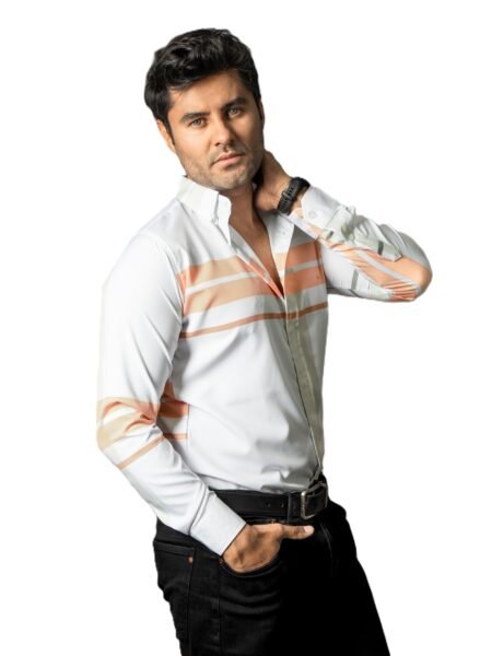 Camisa Hombre Casual Blanca Franjas Naranjas, Verdes 1