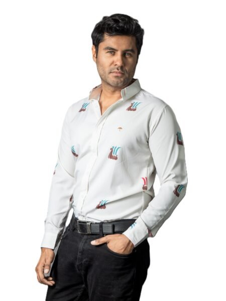 Camisa Hombre Casual Beige Figuras Mini Barcos 2