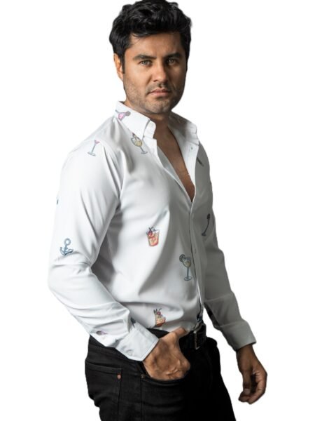 Camisa Hombre Casual Blanca Mini Figuras Bebidas 1