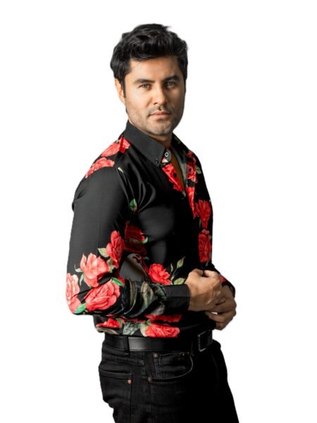 Camisa Hombre Casual Negra Flores Rosas Rojas 1