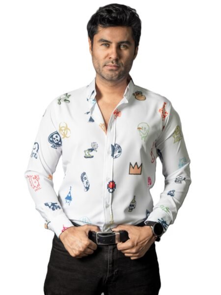 Camisa Hombre Casual Blanca Mini Figuras Colores