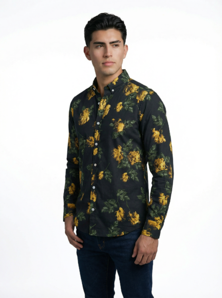 Camisa Hombre Casual Negra Rosas Doradas 1