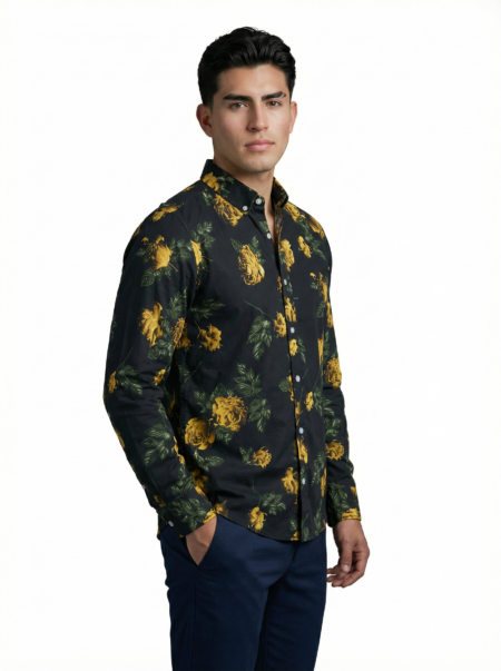 Camisa Hombre Casual Negra Rosas Doradas