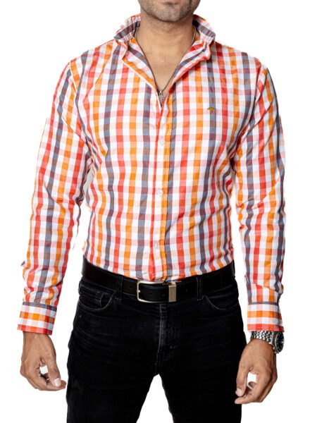 Camisa Hombre Casual Cuadros Naranjas, Rojos, Gris