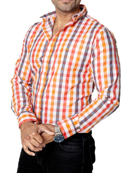 Camisa Hombre Casual Cuadros Naranjas, Rojos, Gris