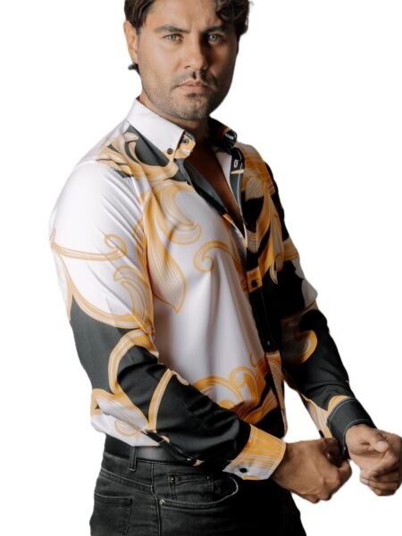 Camisa Hombre Casual Blanca & Negra Floreada Dorada 1