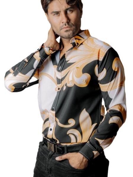 Camisa Hombre Casual Blanca & Negra Floreada Dorada 2