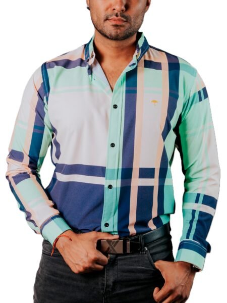 Camisa Hombre Casual Blanca Franjas Marino, Verde, Beige