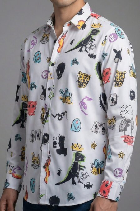 Camisa Hombre Casual Blanco Figuras Dibujos 1