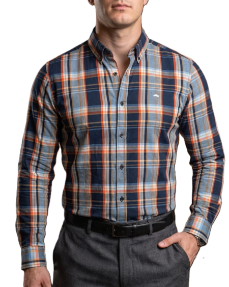 Camisa Hombre Casual Cuadros Marino, Azul, Naranja 1