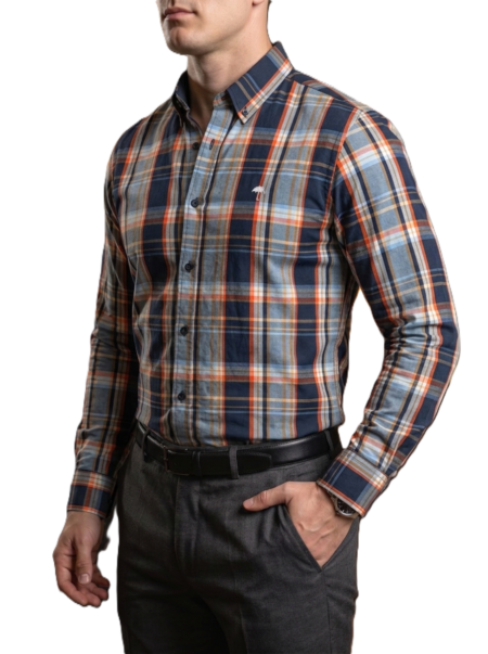 Camisa Hombre Casual Cuadros Marino, Azul, Naranja 2