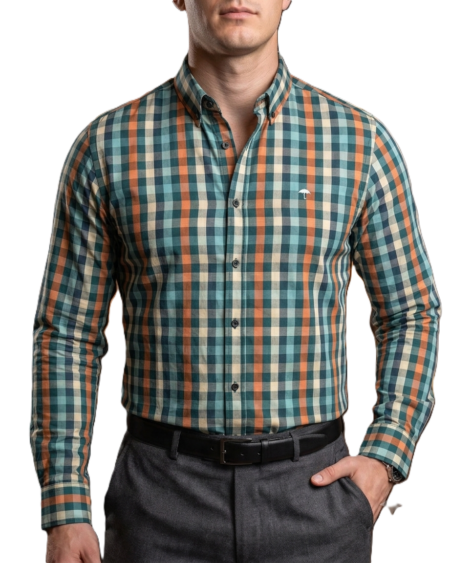 Camisa Hombre Casual Cuadros Verdes, Azul, Naranjas 1