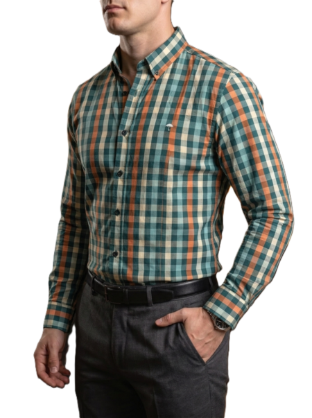 Camisa Hombre Casual Cuadros Verdes, Azul, Naranjas 2