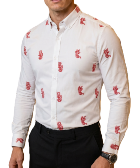 Camisa Hombre Casual Blanca Figuras Tigres Rojos 1