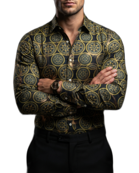 Camisa Hombre Casual Negra Figuras Mandalas Doradas, Marino 1