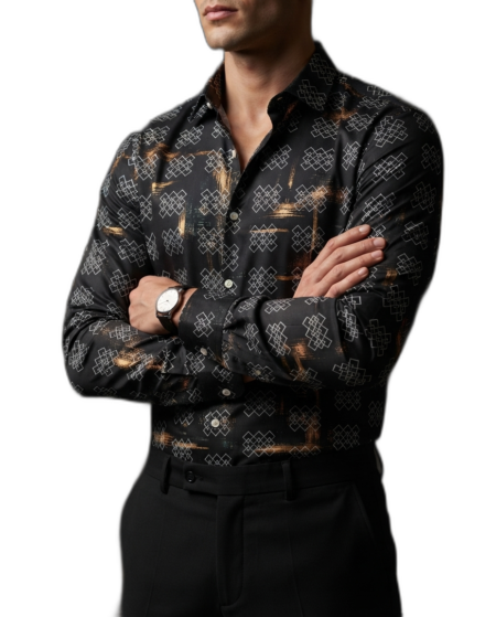 Camisa Hombre Casual Negra Figuras Blancas Destellos Dorados 1