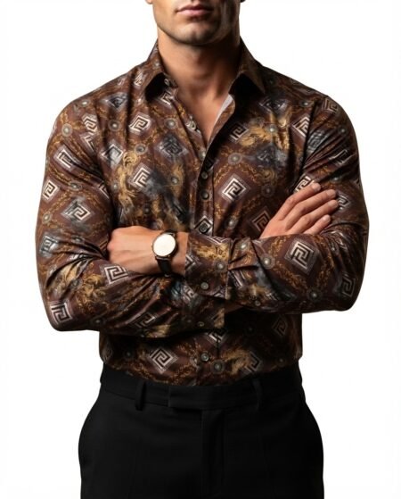 Camisa Hombre Casual Marrón Figuras Blancas 1