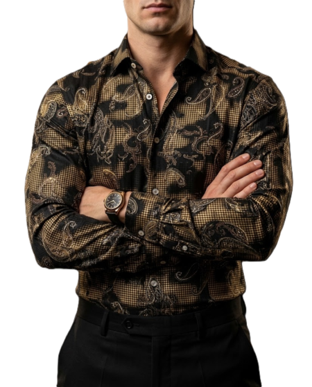 Camisa Hombre Casual Negra Figuras Floreada Dorada 1