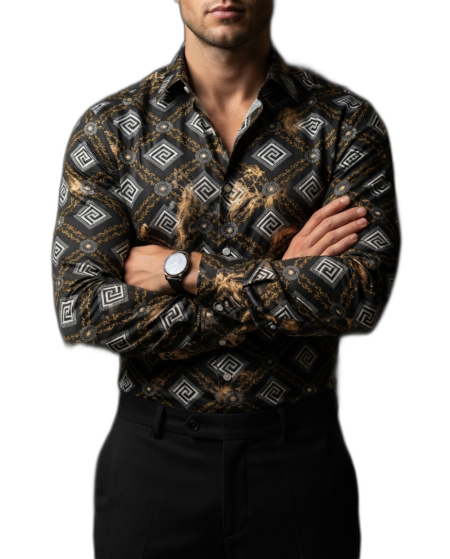 Camisa Negra Casual Negra Figuras Doradas, Blancas 1