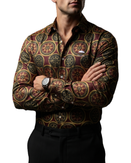 Camisa Hombre Casual Vino Figuras Doradas, Negras 1