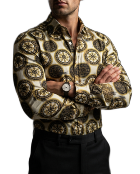 Camisa Hombre Casual Blanca Figuras Mandalas Negras, Doradas 1