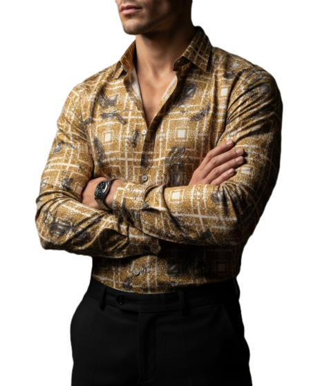 Camisa Hombre Casual Figuras Doradas, Blancas 1