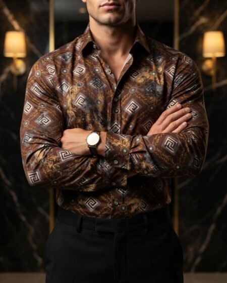 Camisa Hombre Casual Marrón Figuras Blancas