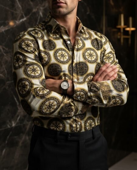 Camisa Hombre Casual Blanca Figuras Mandalas Negras, Doradas