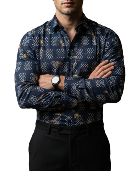Camisa Hombre Casual Azul Marino Figuras Blancas 1