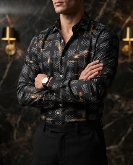 Camisa Hombre Casual Negra Figuras Blancas Destellos Dorados