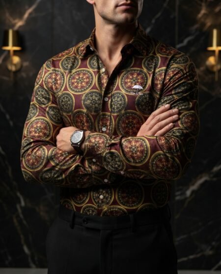 Camisa Hombre Casual Vino Figuras Doradas, Negras