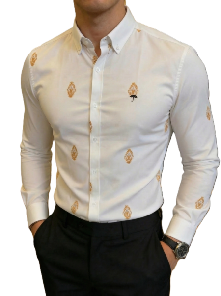 Camisa Hombre Casual Blanca Figuras Amarillas 2