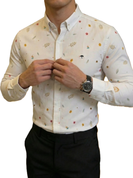 Camisa Hombre Casual Blanca Mini Figuras Flores