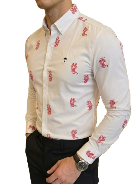 Camisa Hombre Casual Blanca Figuras Tigres Rojos 3