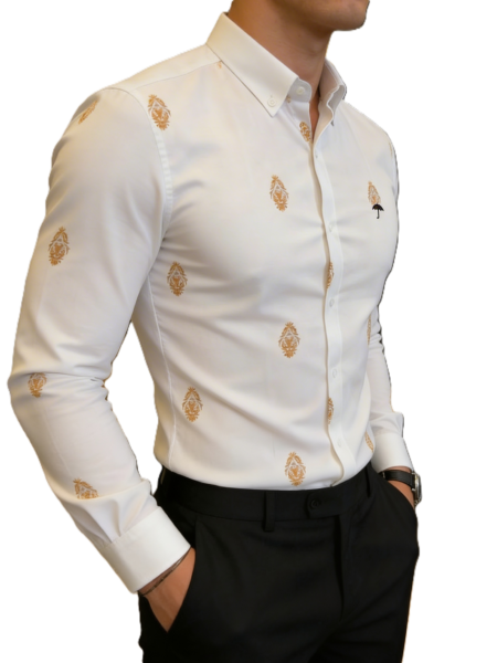 Camisa Hombre Casual Blanca Figuras Amarillas