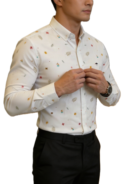 Camisa Hombre Casual Blanca Mini Figuras Flores 3